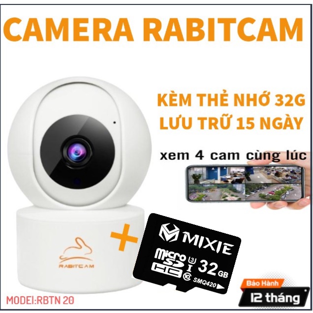 Camera quan sát 360 Rabitcam TN20 nhỏ gọn, hình ảnh Full HD sắc nét, đàm thoại 2 chiều tốt, kèm thẻ nhớ 32GB