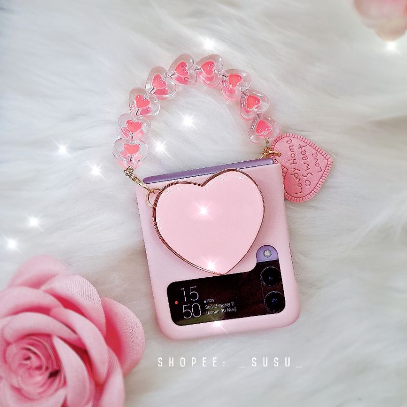 Ốp Samsung Z Flip 3 - ZFlip 3 - ZFlip3 hồng pastel ngọt ngào kèm bộ dây đeo tim dễ thương