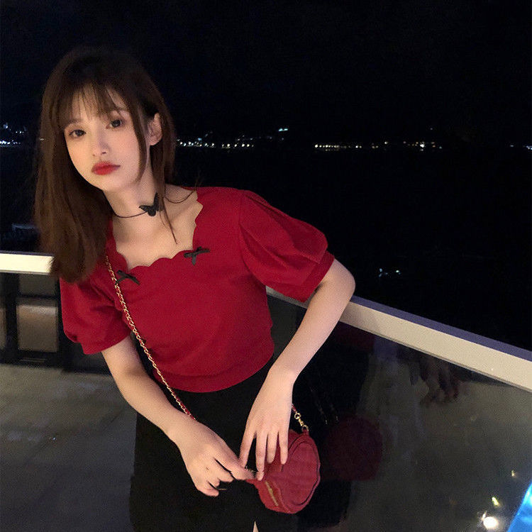 Áo Kiểu Cổ Vuông Tay Phồng Đính Nơ Xinh Xắn Cho Bé Gái