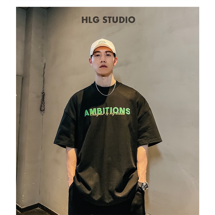 Áo phông nam cổ tròn AMBITON phong cách tay lỡ đơn giản, Cotton cao cấp đường phố 2022