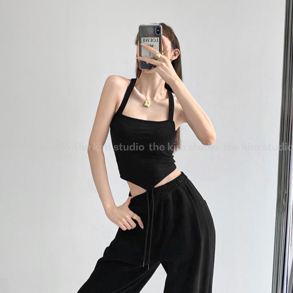 Áo croptop nữ hai dây quai to kiểu áo yếm quây vạt nhọn TheKim , thun tăm croptop 2 dây chéo lưng A150