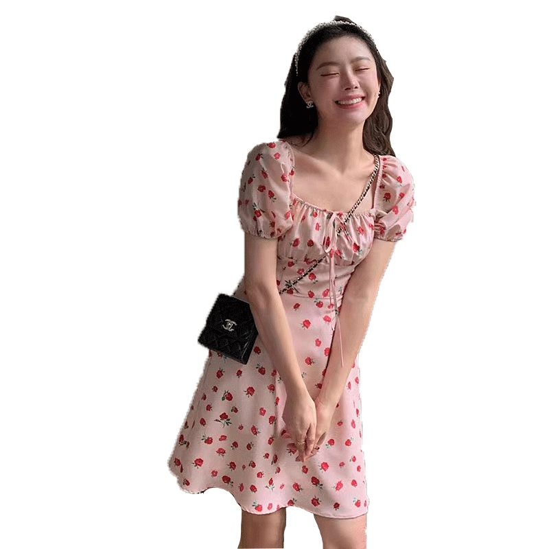 Đầm Tay Phồng Cổ Vuông Họa Tiết Hoa Xẻ Tà Phong Cách Hàn Quốc Thời Trang Mùa Hè Cho Nữ
