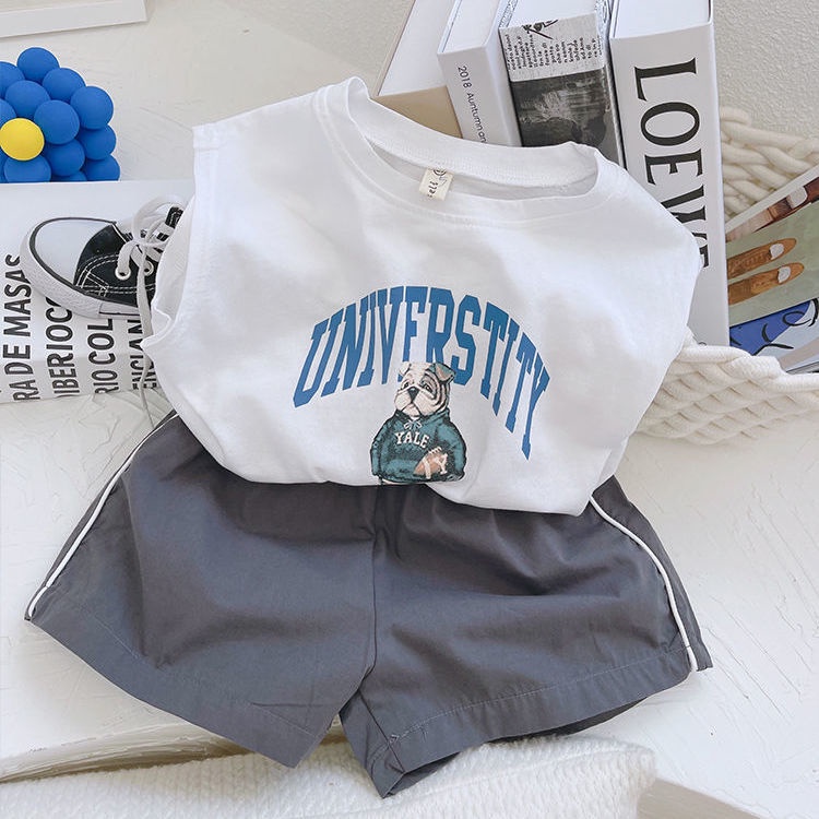 Bộ Áo Thun Cotton + Quần Lửng Sát Nách Phong Cách Phương Tây Thời Trang Mùa Hè Cho Bé Trai