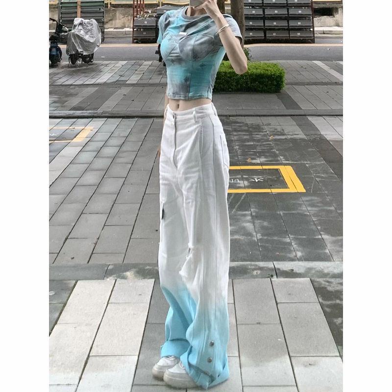 ❈Quần Jean Dài Dáng Rộng Phối Màu Gradient Thời Trang Dành Cho Nữ