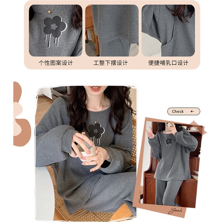 Đồ bộ bầu và sau sinh cho con bú thu đông họa tiết bông hoa quần có chun cúc điều chỉnh tiện lợi, chất cotton cao cấp