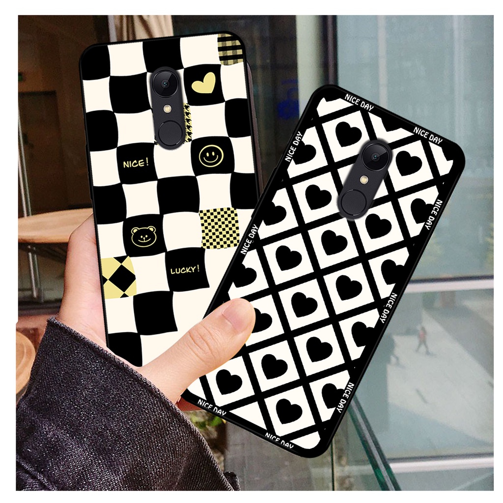 Ốp lưng Xiaomi Redmi Note 4/ Note 4x / Redmi 5 Plus in hoạ tiết caro trái tim đen trắng, gấu bear cute đáng yêu
