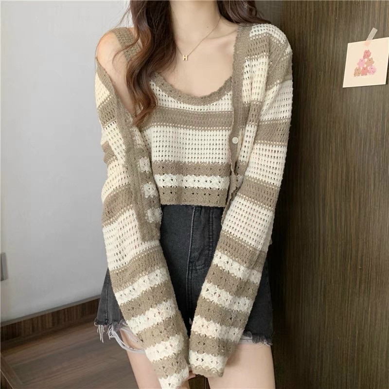 Set Áo Len Cặp Gồm Áo Dây Mix Cùng Cadigan Hoạ Tiết Mới