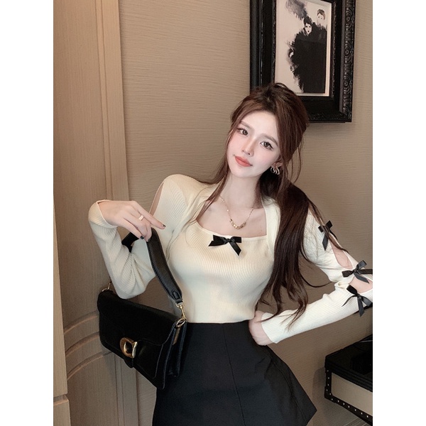 Cocory vn Áo Sweater Dệt Kim Tay Dài Cổ Vuông Thắt Nơ Thời Trang Mùa Xuân Xinh Xắn Cho Nữ