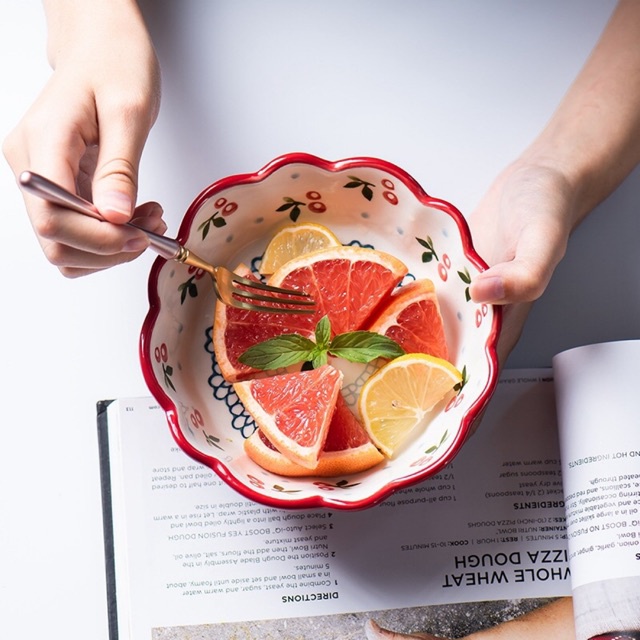 Bát sứ tròn miệng lượn hoạ tiết cherry sang chảnh phong cách Bắc Âu, bát đĩa Cherry hoa hồng hàng cao cấp