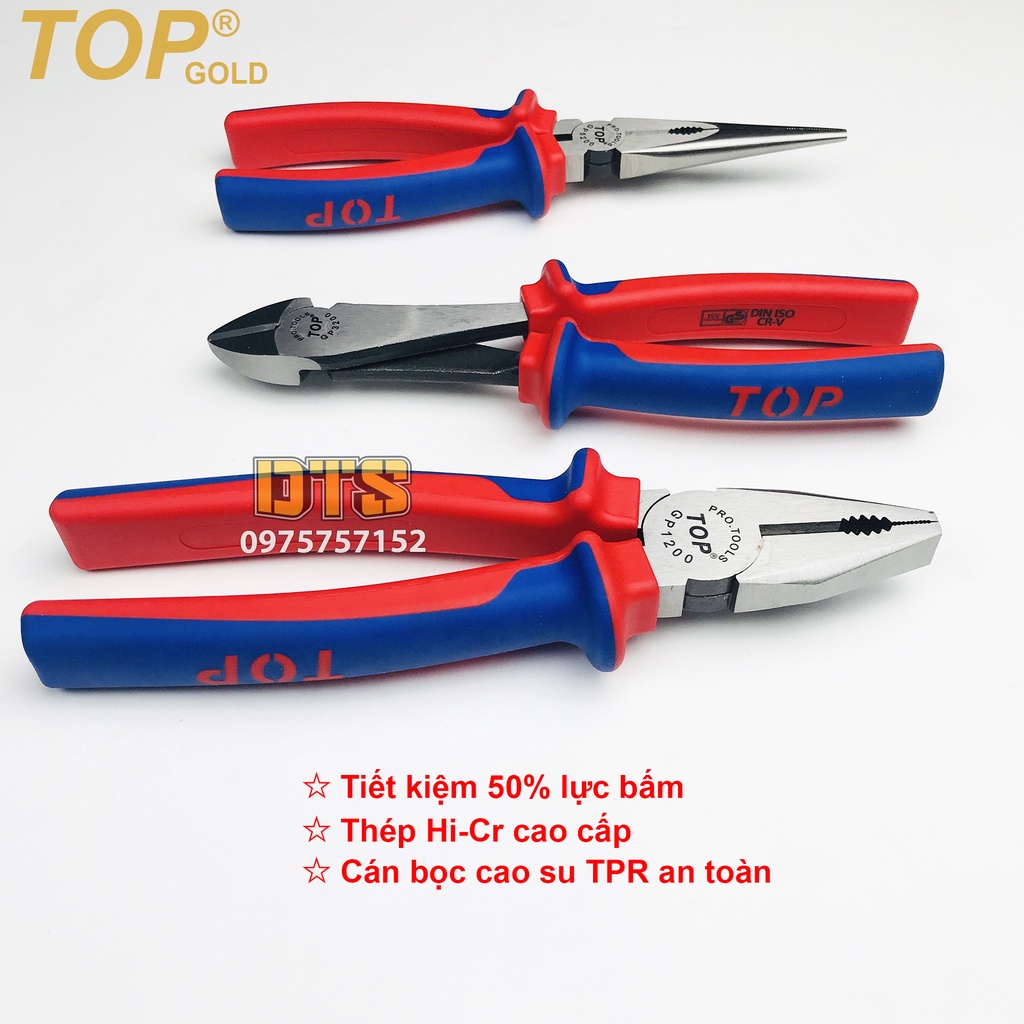 Kìm điện - cắt - nhọn trợ lực chuyên nghiệp 200mm TOP GOLD, thép Hi-Cr cao cấp, thiết kế cộng lực tiết kiệm 50% lực bấm