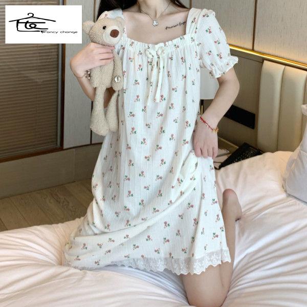 Đồ ngủ/ đầm ngủ tay ngắn dáng rộng in hoa dễ thương thời trang mùa hè cho bạn gái 22022
