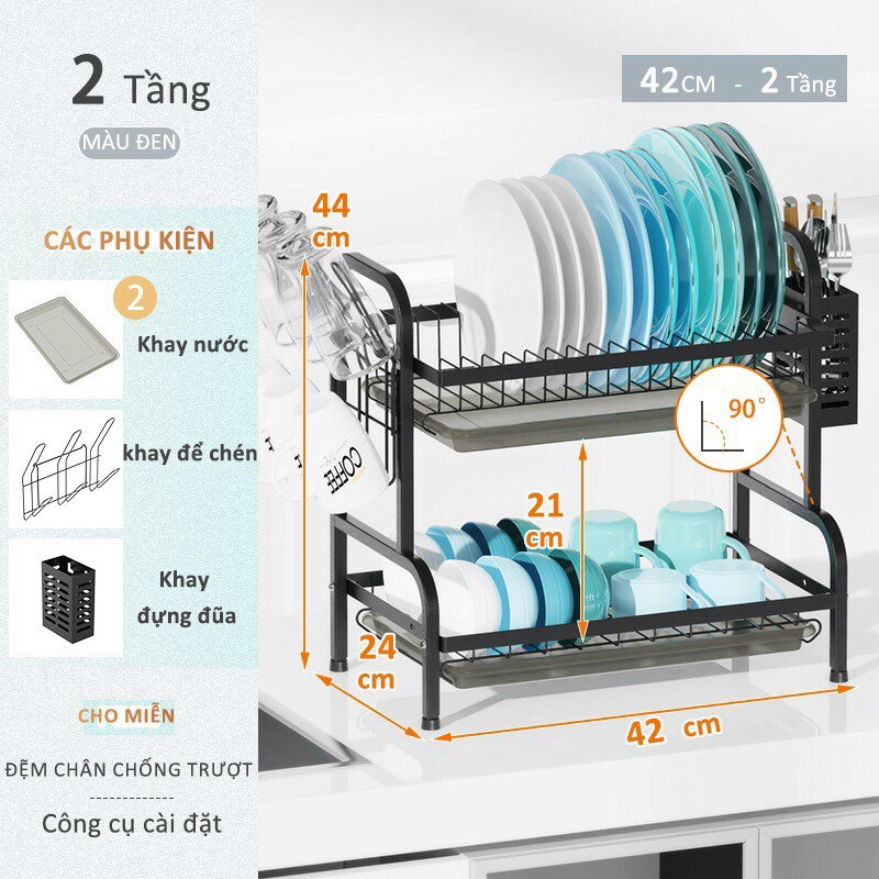 Kệ Úp Chén Đĩa Bằng Sắt 2/3 Tầng - Kệ để bát đĩa, Giá Bát Nhỏ Có Khay Hứng Nước, Ống Đũa