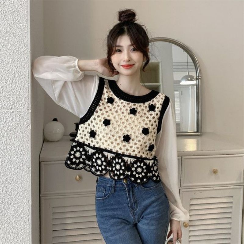 Áo len nữ mỏng croptop họa tiết thổ cẩm phối voan dài tay hè thu phong cách Hàn Quốc