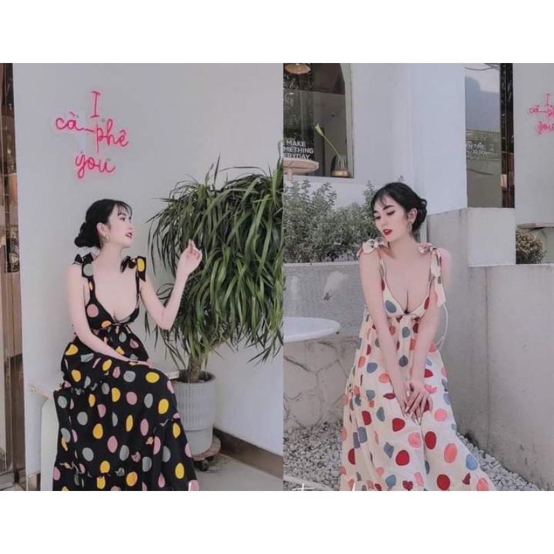 Đầm maxi đi biển 2 dây chấm bi cúp ngực Hoviorder