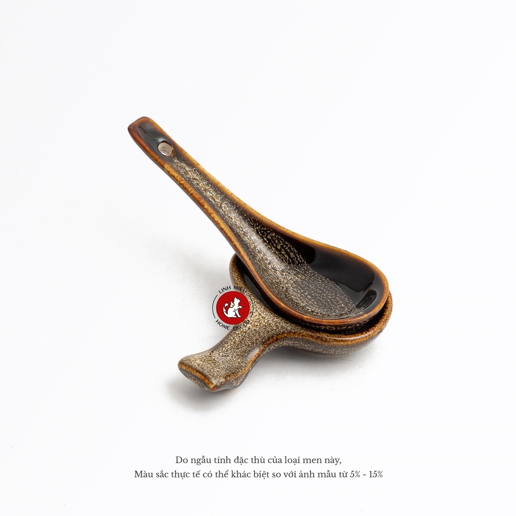 Muỗng thìa sứ ăn cơm, canh, súp men hỏa biến Bát Tràng - màu lam biếc và gấm cao cấp phong cách Bắc Âu