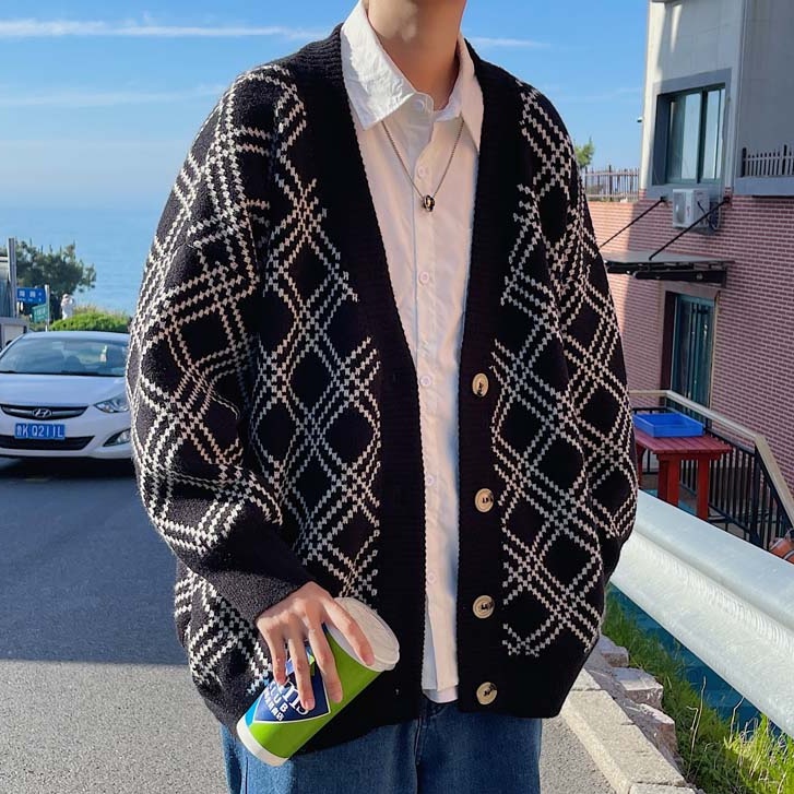Áo Khoác Cardigan Dệt Kim Dáng Rộng Phối Nút Kiểu Nhật Hàn Cá Tính Cho Nam