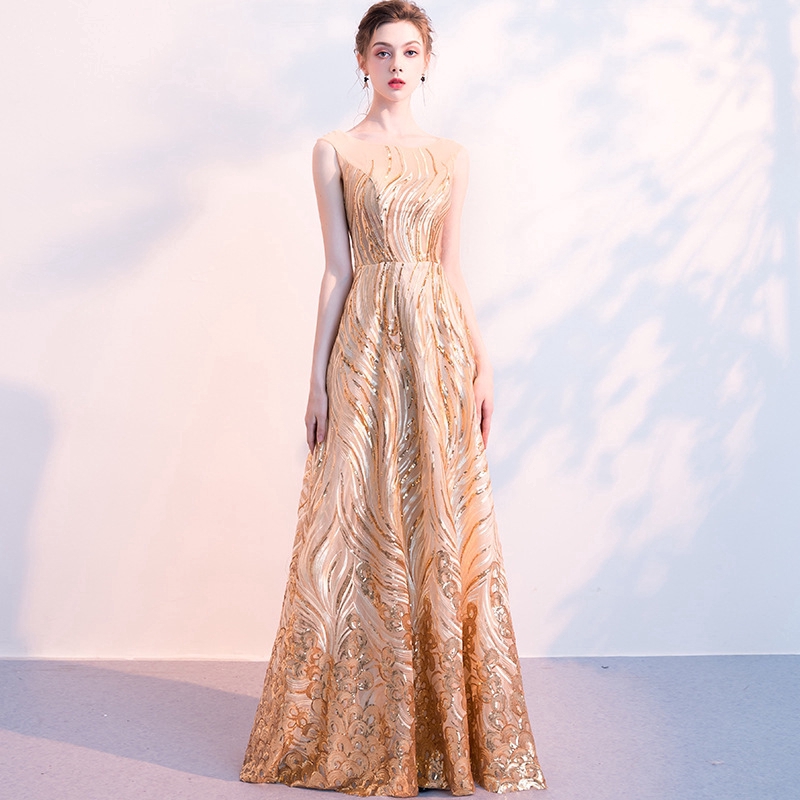 Đầm dạ hội lấp lánh không tay dáng dài màu vàng thanh lịch thời trang dành cho nữ