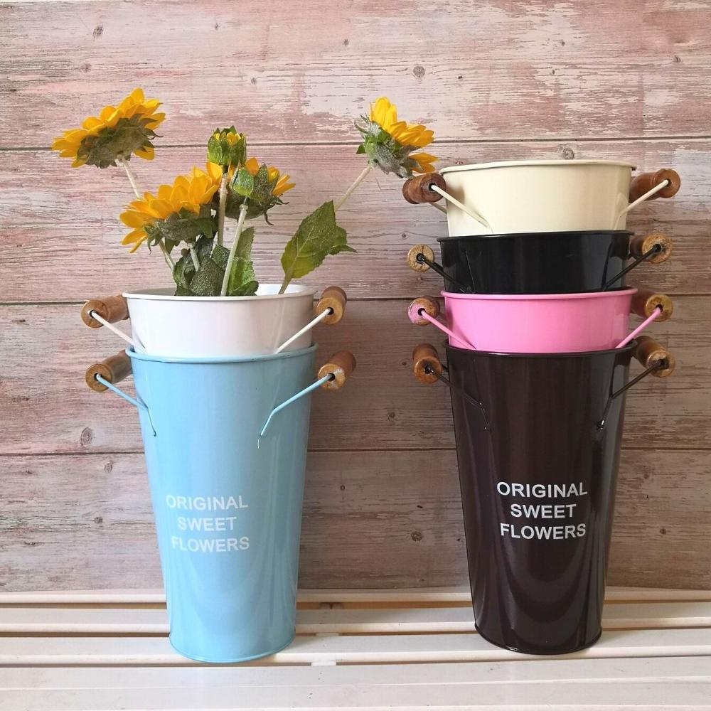 Chậu sắt cắm hoa trang trí bình hoa decor bằng lọ thiếc có tay cầm xô Bắc Âu