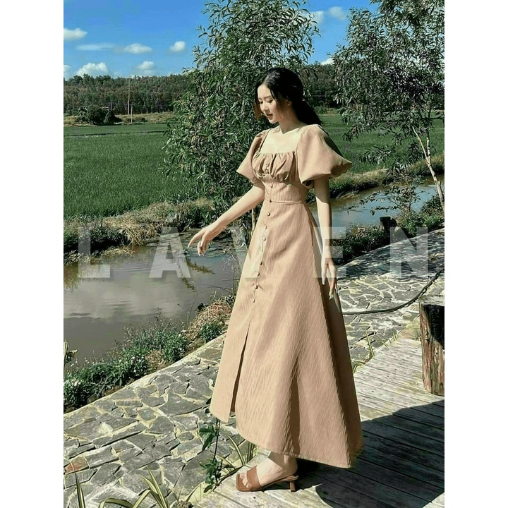 Đầm Maxi Cổ Vuông Tay Bồng Nút Bọc Tà Xẻ Chất Đũi Cao Cấp Mặc Mát, Nhẹ Đẹp Tôn Dáng [NEW UNISEX]