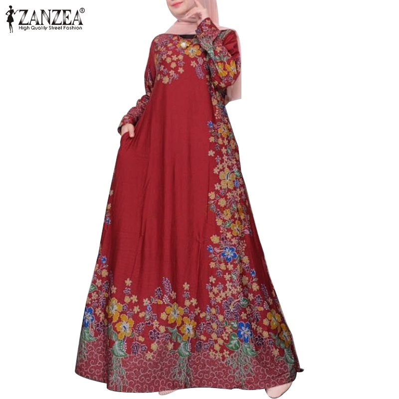 Đầm maxi ZANZEA tay dài cổ tròn in họa tiết hoa thời trang tùy chọn màu sắc dành cho nữ