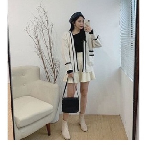 Áo khoác len cardigan trơn phối viền dáng xuông có túi -Miss girl