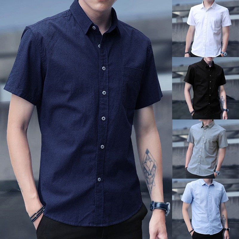 Áo sơ mi tay ngắn màu trơn size S-3XL phong cách Hàn Quốc thời trang cho nam