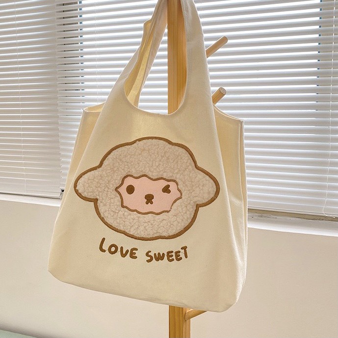 Túi tote canvas đeo vai thêu họa tiết hoạt hình dễ phối đồ cho nữ
