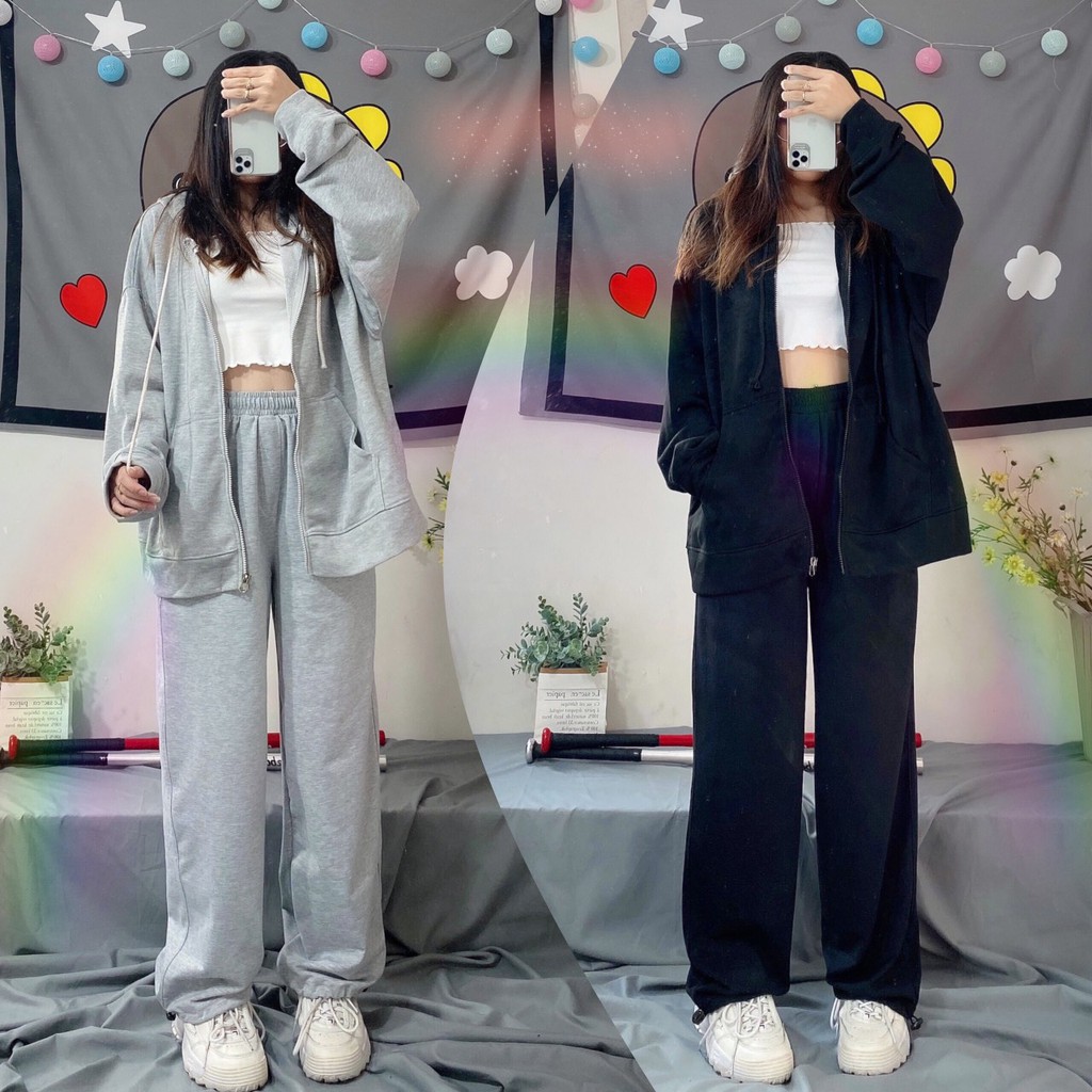 Áo khoác hoodie zip + croptop 2 dây trắng + quần dài trơn ống bo