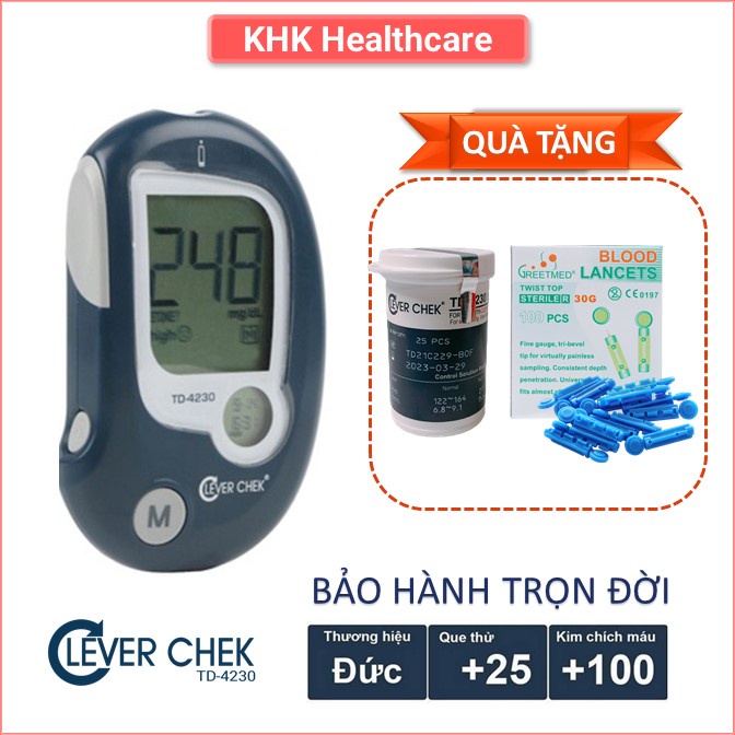 Trọn bộ Máy đo đường huyết Clever Check TD 4230 tặng 25 que thử 100 kim lấy máu