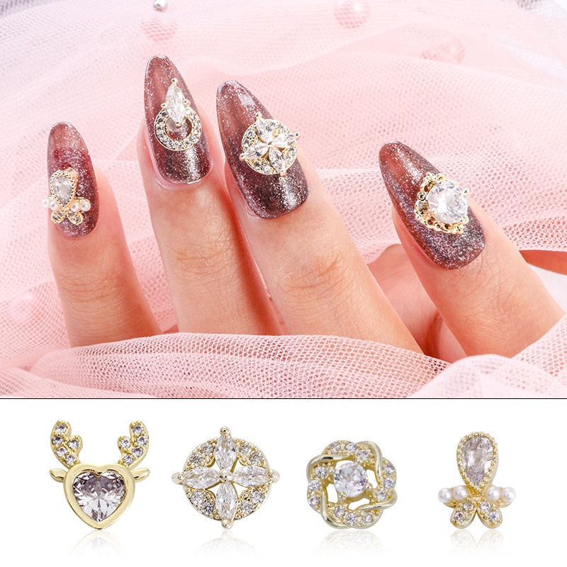 Phụ Kiện Trang Trí Móng Tay DIY Bằng Hợp Kim Đính Đá Zircon Sang Trọng