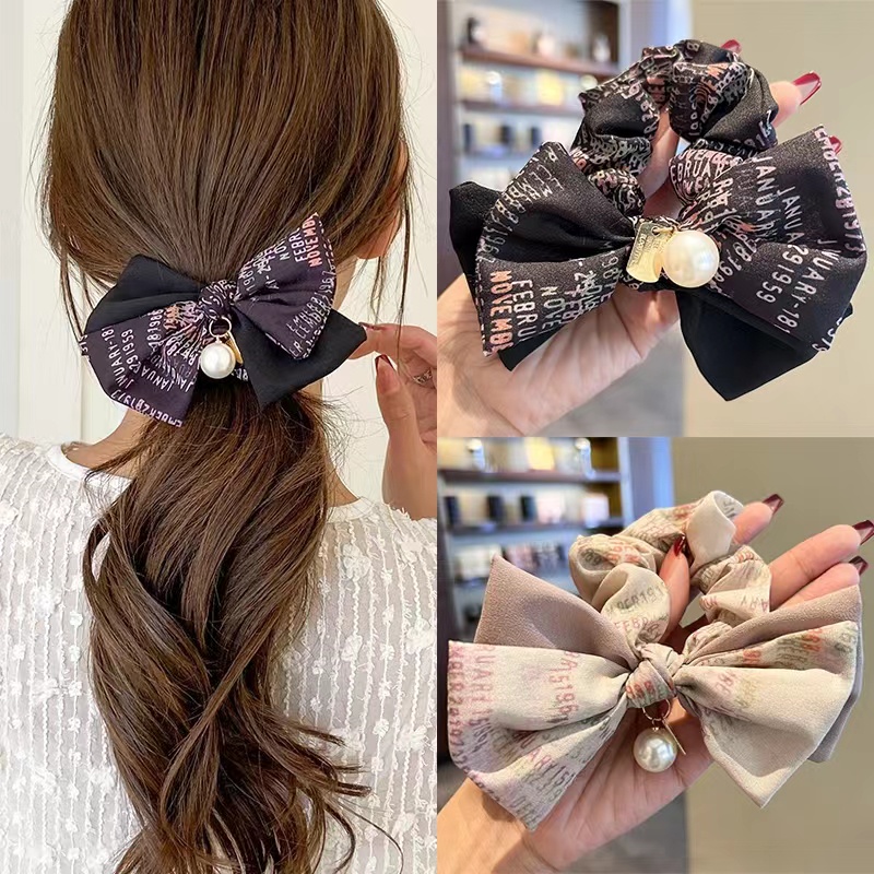 Dây Buộc Tóc Cao Su Co Giãn Phối Ruy Băng Đính Ngọc Trai Thời Trang Hàn Quốc Cho Nữ