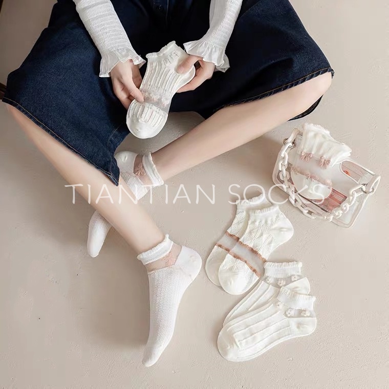 TIAN TIAN T180 Vớ Cổ Thuyền Bằng Lụa Xuyên Thấu Mỏng Màu Trắng Phối Ren Đính Nơ Dễ Thương Phong Cách Nhật Bản Thời Trang Mùa Hè Cho Nữ