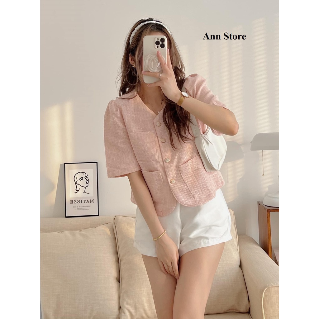 Áo dạ Hồng/Trắng cộc tay cúc ngọc sang chảnh mùa thu đông