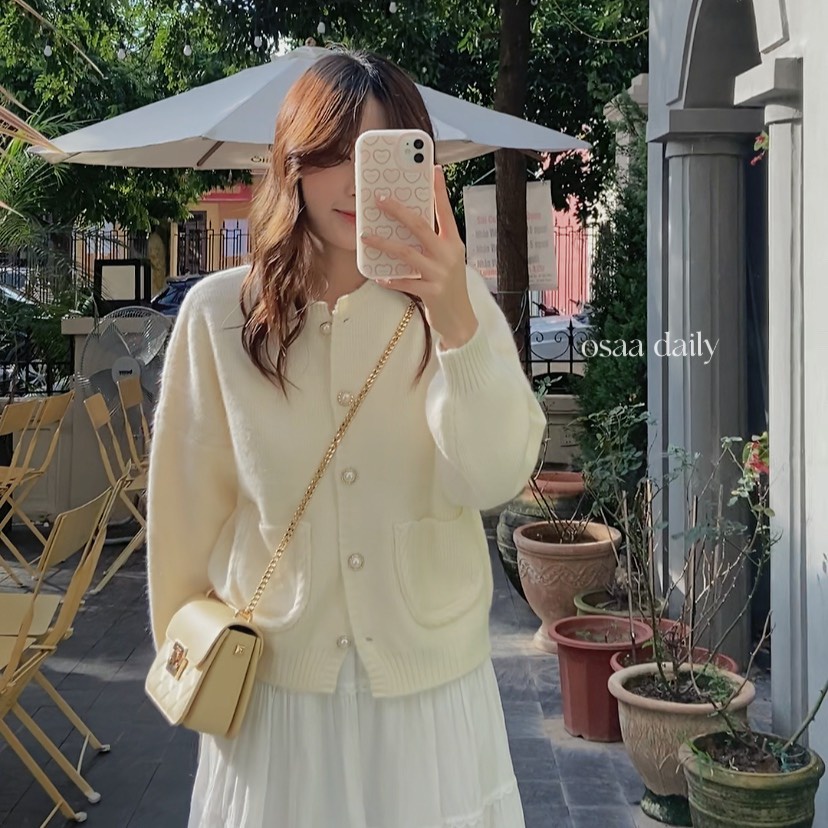 Áo khoác cardigan len trơn cúc ngọc tiểu thư (Ảnh thật shop chụp)