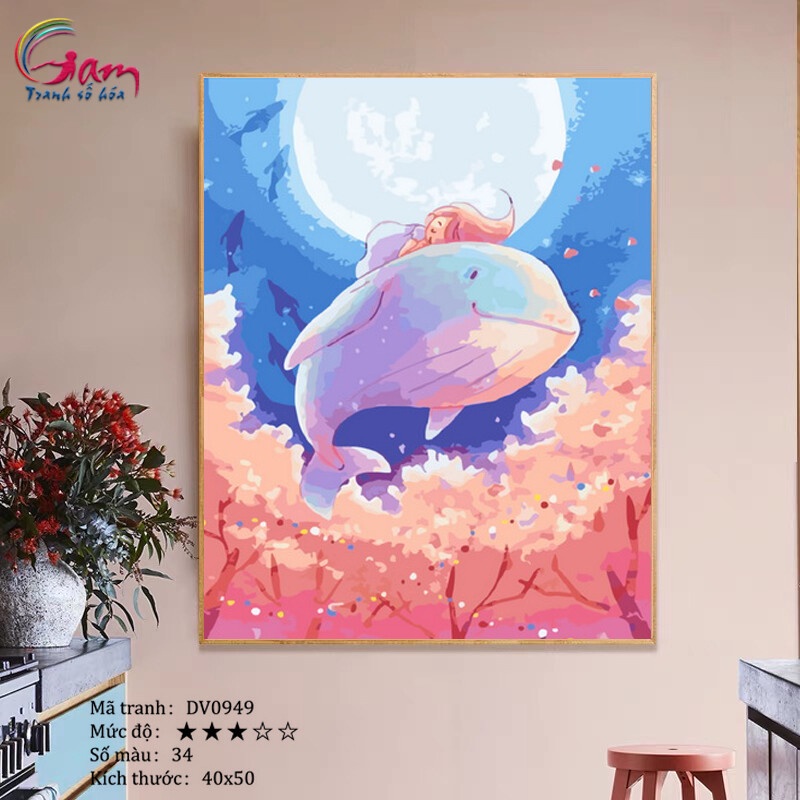 Tranh tô màu theo số sơn dầu số hóa Gam Tranh trừu tượng cô bé nằm ngủ trên lưng cá DV0949