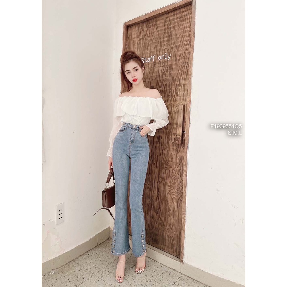 Quần jean dài ống pass lai đính nút lưng cao tôn dáng!