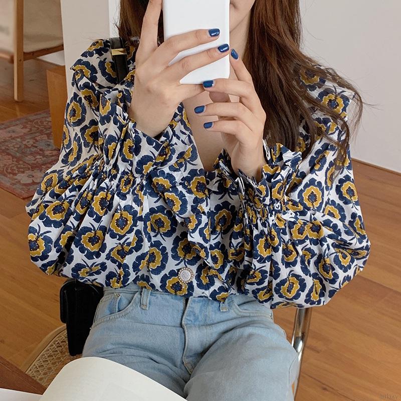 Áo Sơ Mi Tay Dài Chất Chiffon Hoạ Tiết Hoa Phong Cách Hàn Quốc