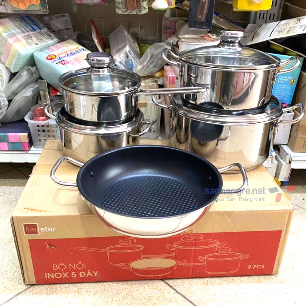 Bộ Nồi Inox Cao Cấp 5 Đáy Fivestar FSB55D001 Kèm Chảo Caro Chống Dính 24cm HÀNG CHÍNH  HÃNG BẢO HANH 5 NĂM
