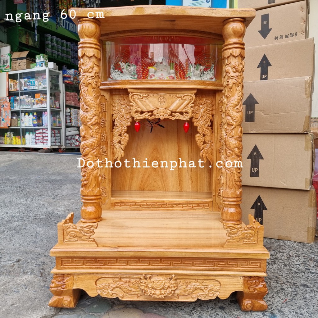 Bàn thờ thần tài ông địa gỗ gõ đỏ ngang 60 cm mẫu rất đẹp