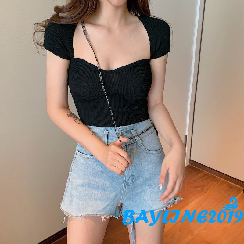 Áo Thun Tay Ngắn Màu Sắc Đơn Giản Quyến Rũ Cho Nữ