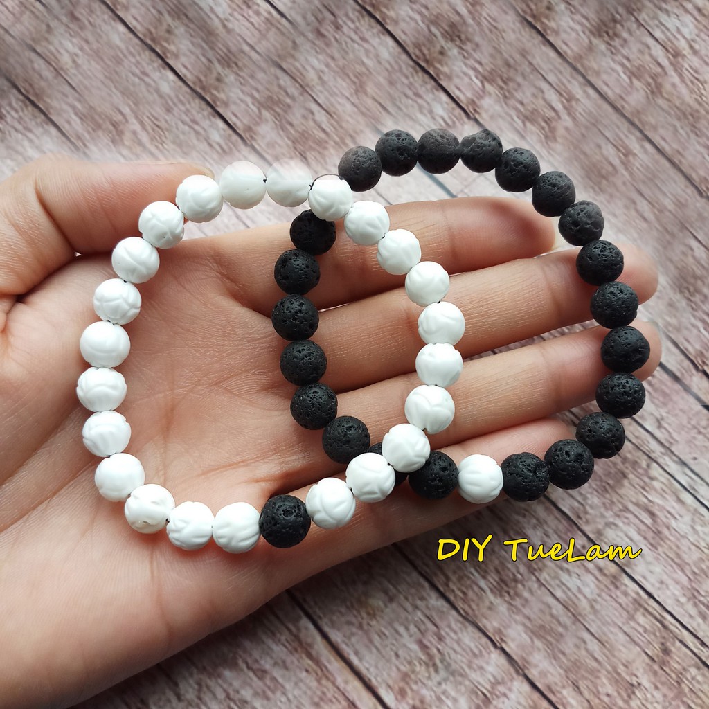 Vòng Tay Đôi  Gỗ Hóa Thạch Đen Trắng Nam Nữ May Mắn Tình Duyên