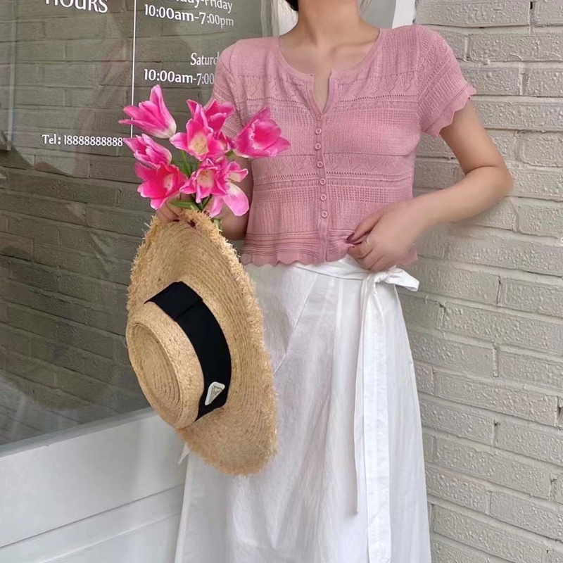 Brroa Áo Croptop Dệt Kim Mỏng Tay Ngắn Đính Nút Họa Tiết Hình Học Rỗng Phối Ren Cho Nữ Jack