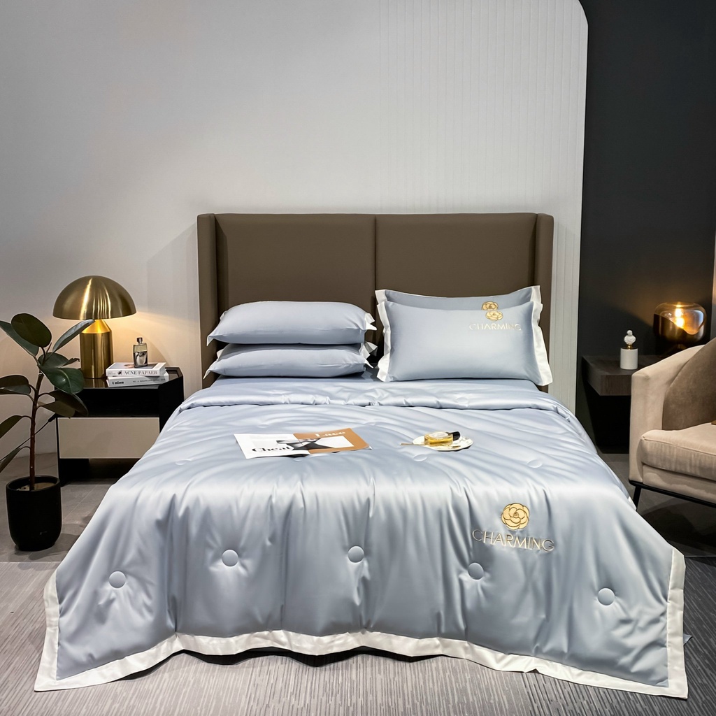 Bộ phi lụa Ga Gối Chăn Trần Hè CHARMING mẫu mới 2023 , Bộ 4 món ga giường chăn hè chất liệu lụa mềm mịn thoáng mát