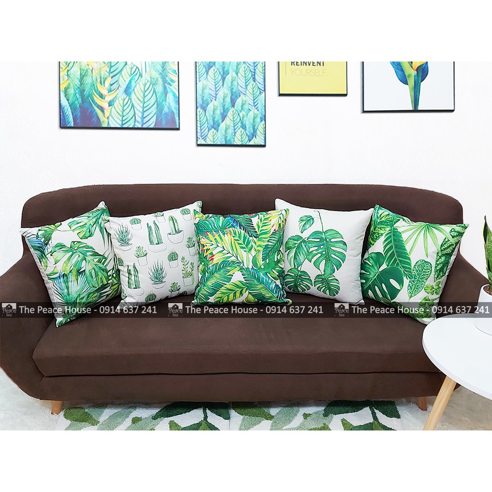 Vỏ gối tựa lưng vỏ gối tựa trang trí sofa 45x45cm, vỏ gối vuông hoạ tiết LÁ XANH (Giá chỉ gồm vỏ gối)