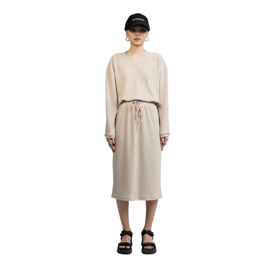 Chân váy lưng thun màu kem, là min - BEIGE KNIT MIDI SKIRT