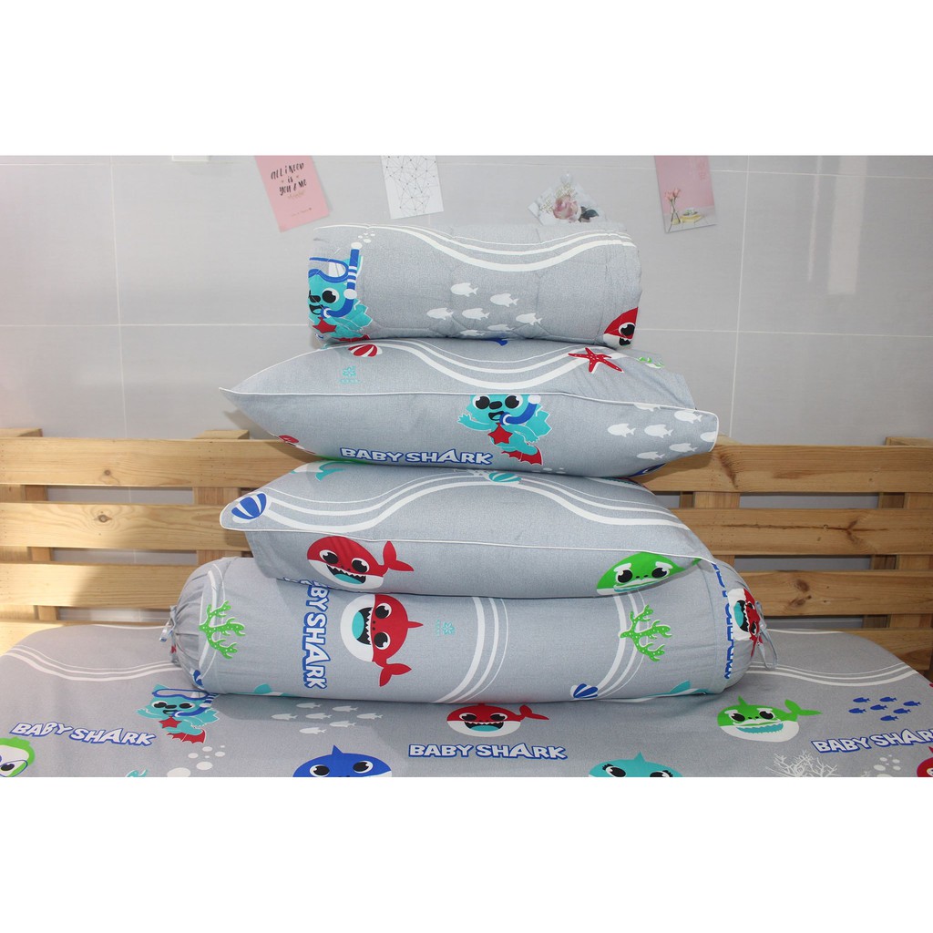 Bộ drap gối KHA LY -  100% cotton thiên nhiên - Cartoon Xanh xám - VN253