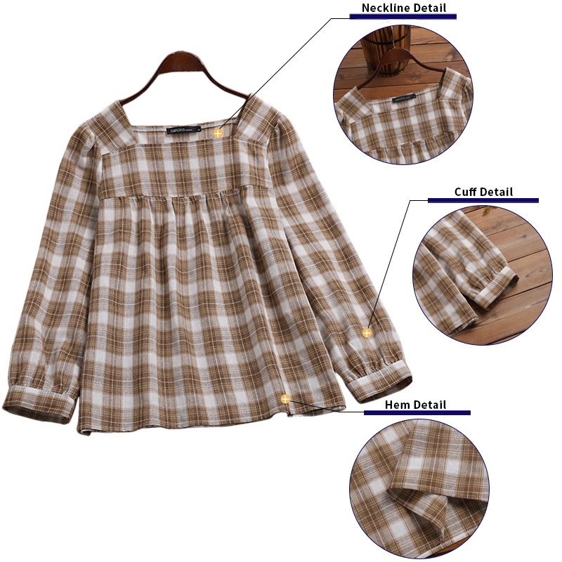 Áo kiểu nữ Zanzea cổ vuông tay dài họa tiết kẻ ô thanh lịch thời trang