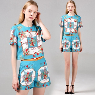 Set áo sơ mi tay ngắn hoạ tiết hoa + quần sọt phong cách vintage 2020