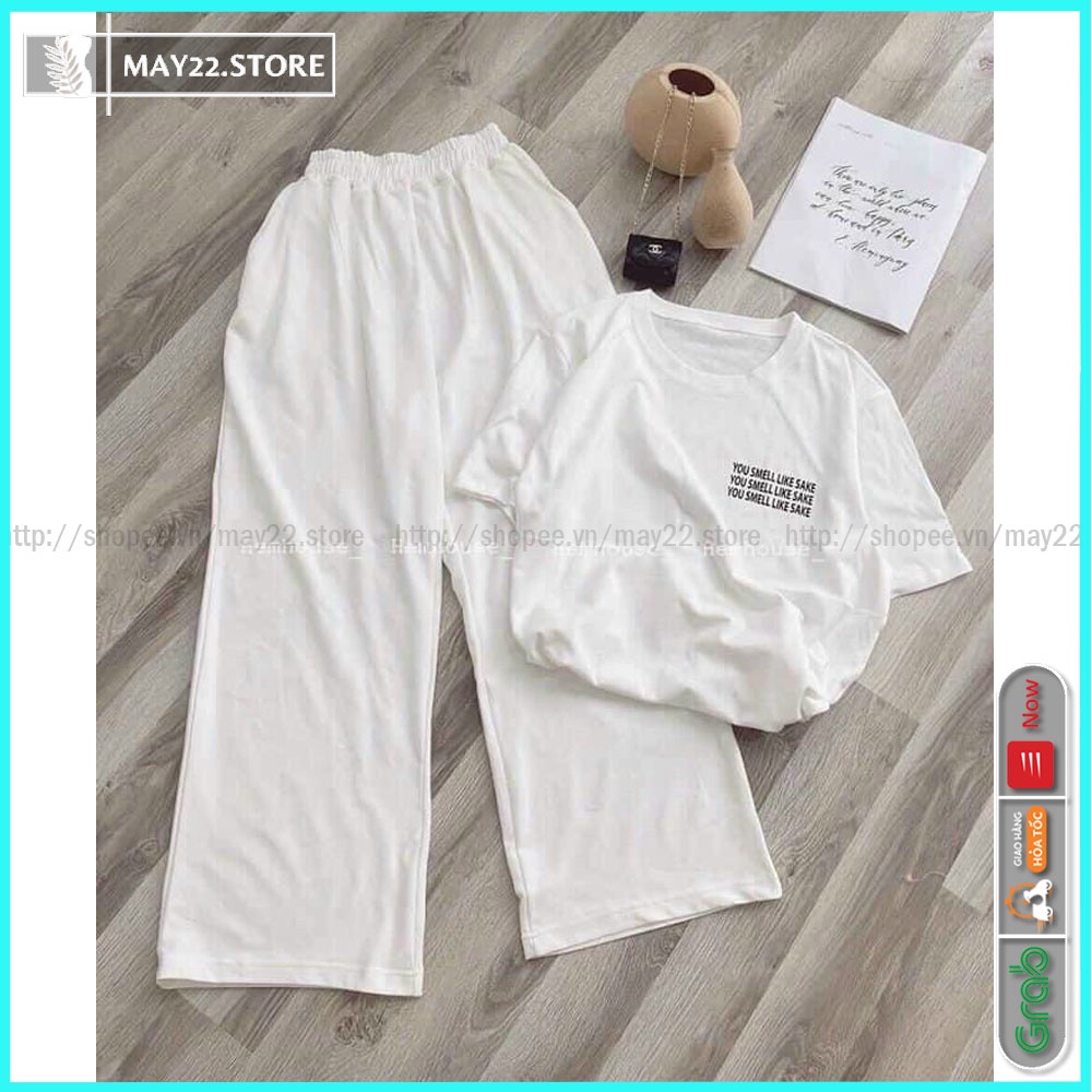 [QUÀ TẶNG LÀ 1C KHAU TRANG NHÉ] Sét đồ nữ trắng vải cotton áo phông quần ống rộng, bộ quần áo - May22