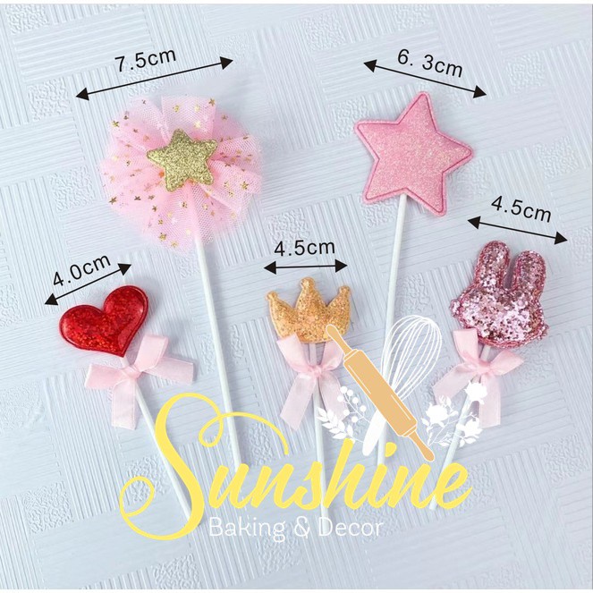Set 5 que cắm Thỏ Tim Sao Vương Miện nhũ Topper Trang Trí Bánh Kem Sinh Nhật